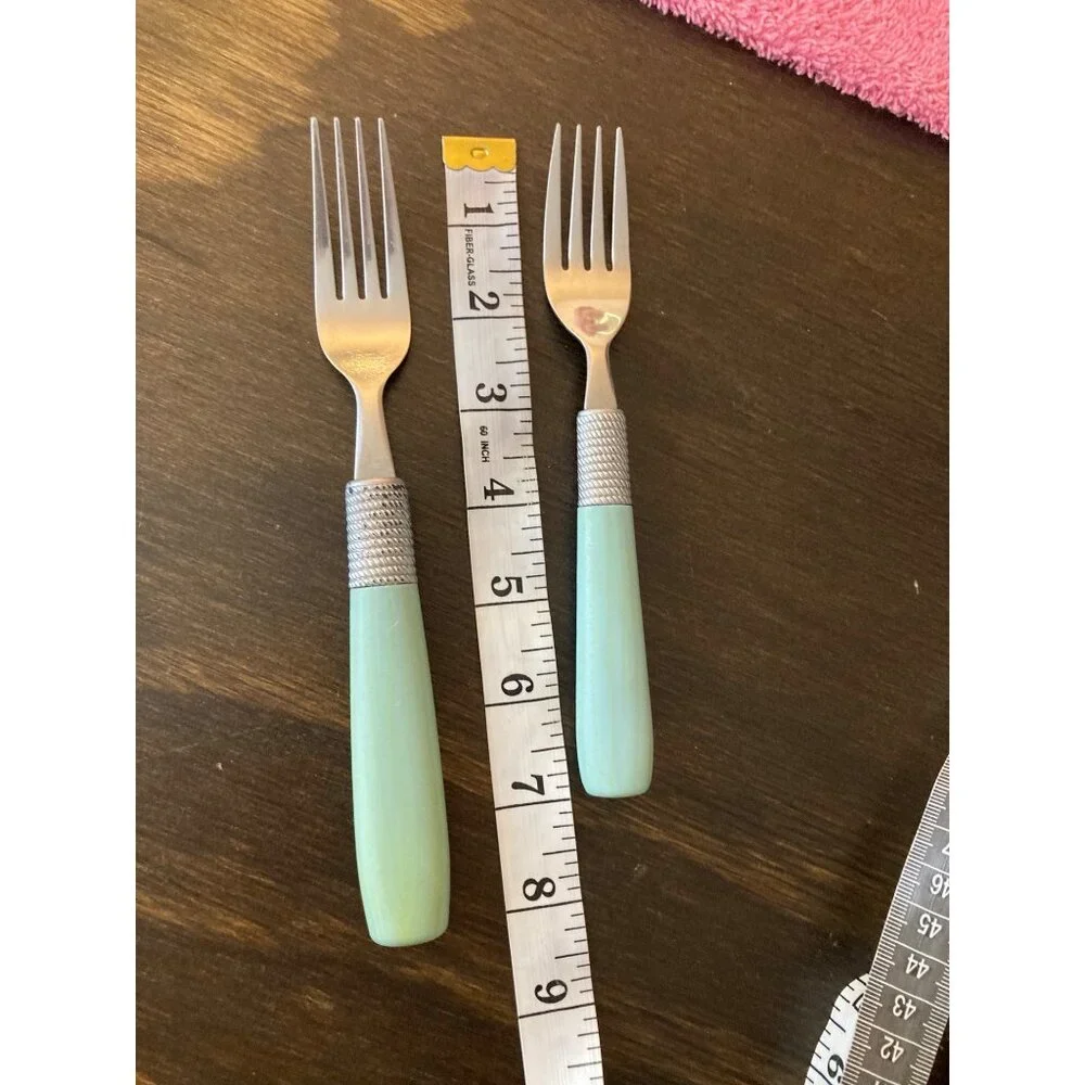 7‎ - Vintage Cambridge Forks Green Stainless Flatware Plastic Handle 7 or 8